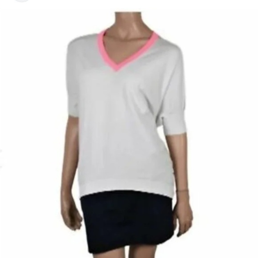 NWT Karen Millen short sleeve v-neck sweater size 3 sheer back white & neon pink